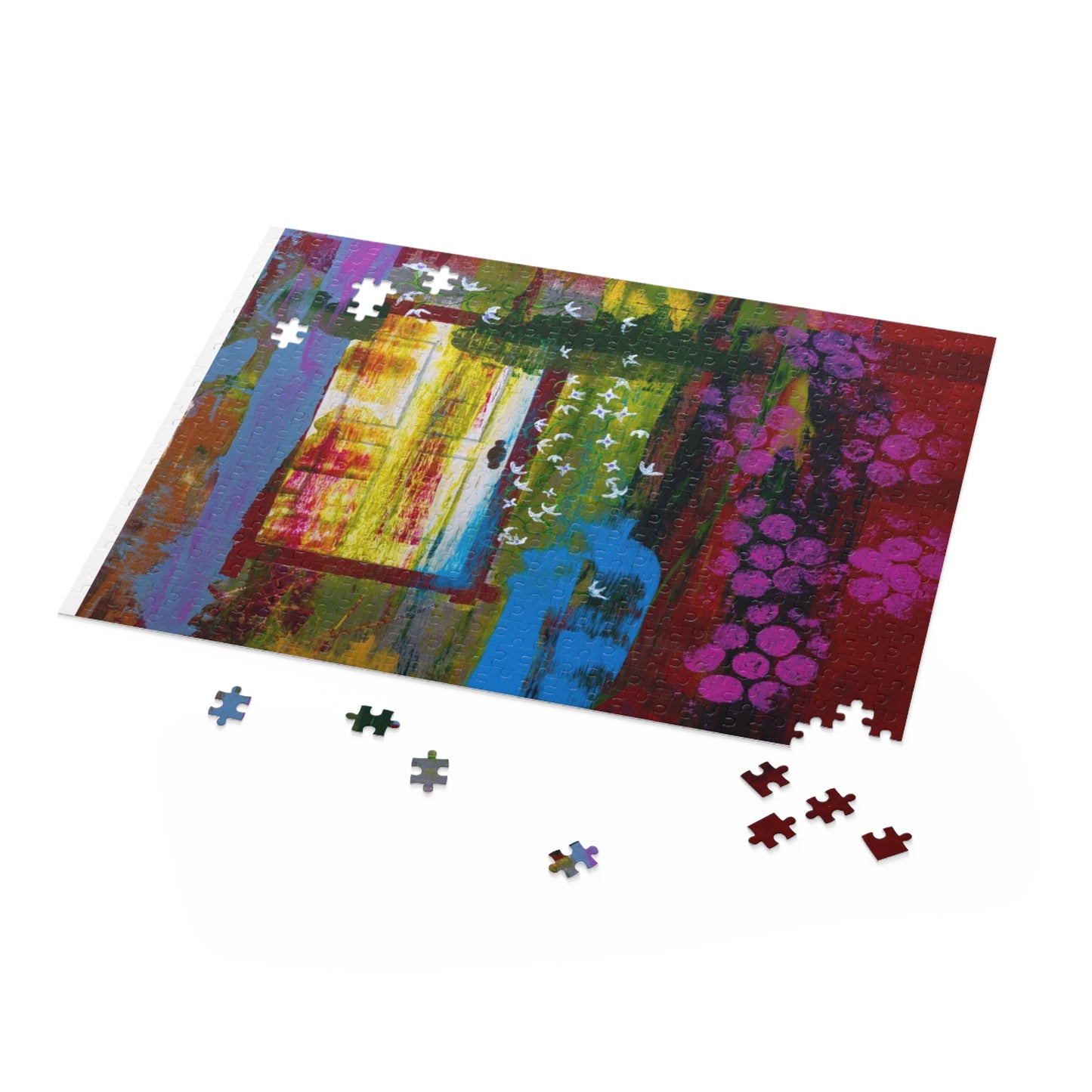Abstract Vineyard Scene Puzzle — Colorful Grapes & Window 120/252/500-Piece