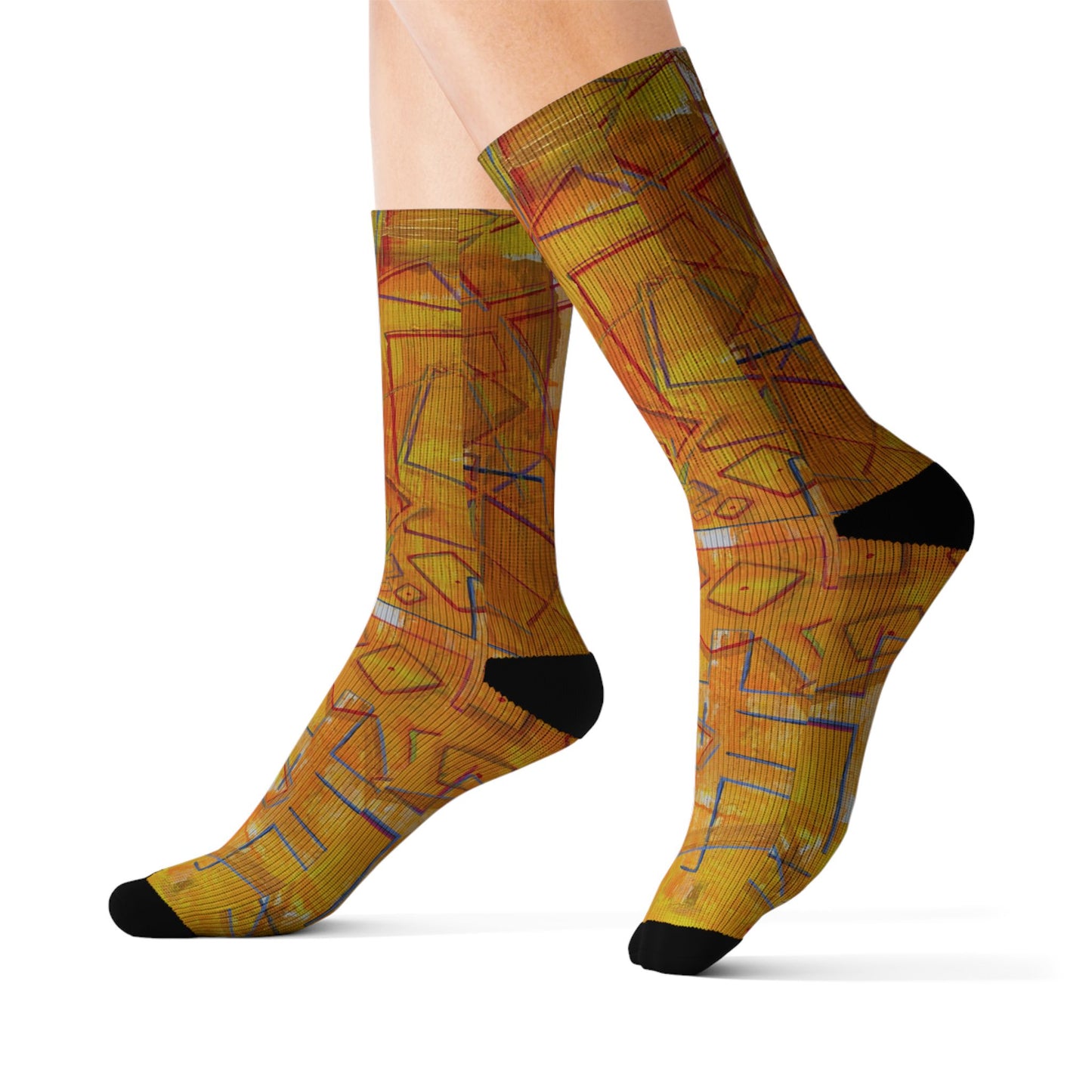 Abstract Yellow Geometric Sublimation Socks — Artful Patterned Crew Socks