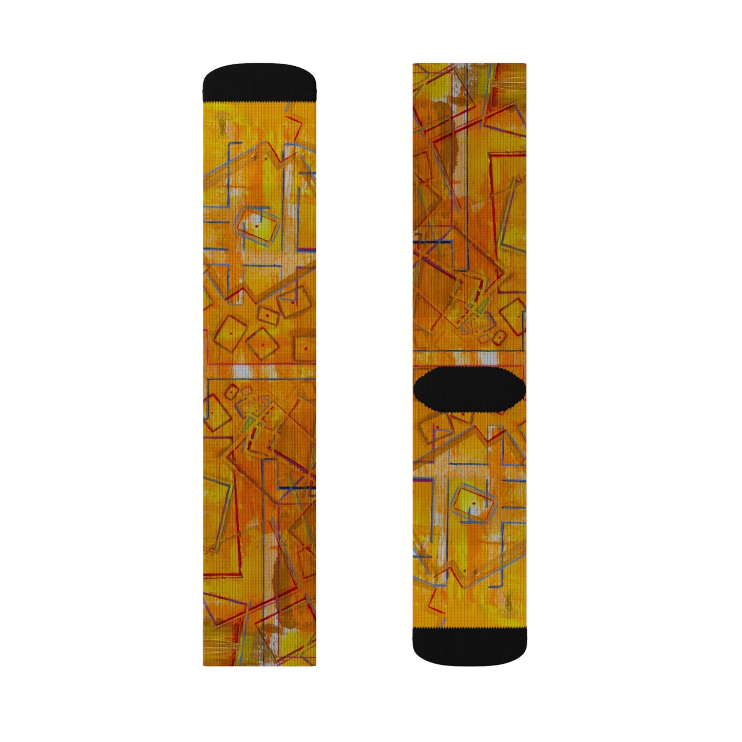 Abstract Yellow Geometric Sublimation Socks — Artful Patterned Crew Socks