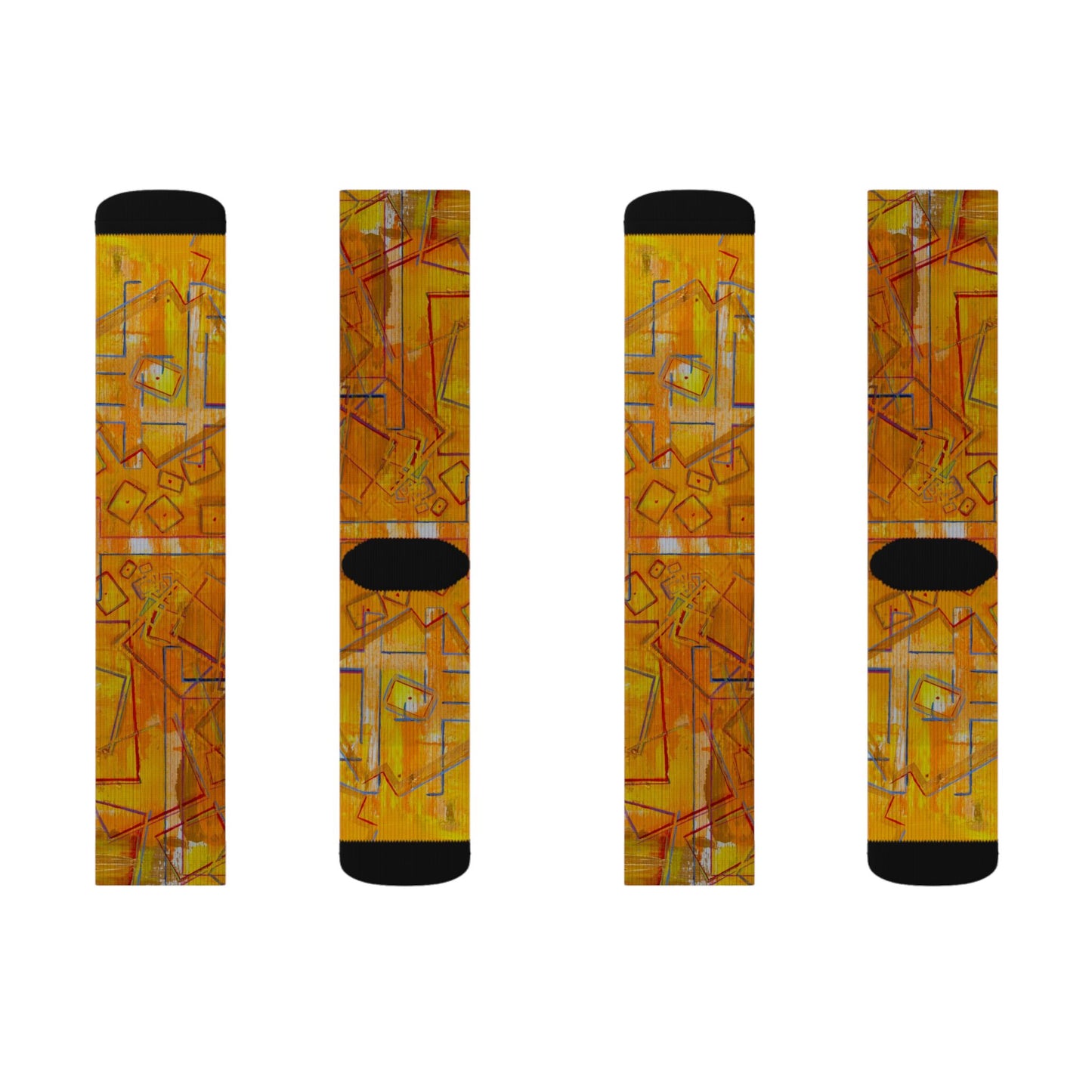 Abstract Yellow Geometric Sublimation Socks — Artful Patterned Crew Socks