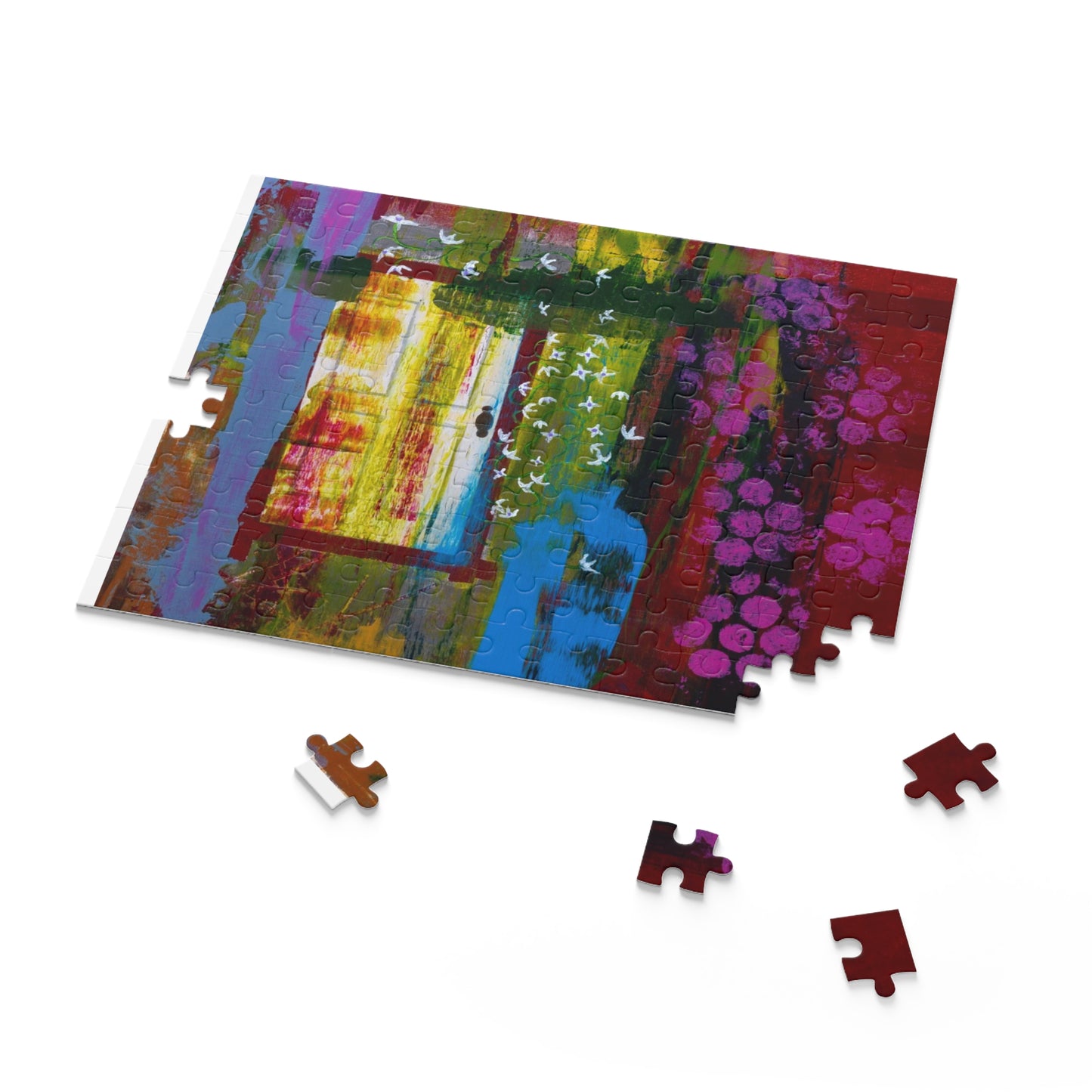 Abstract Vineyard Scene Puzzle — Colorful Grapes & Window 120/252/500-Piece