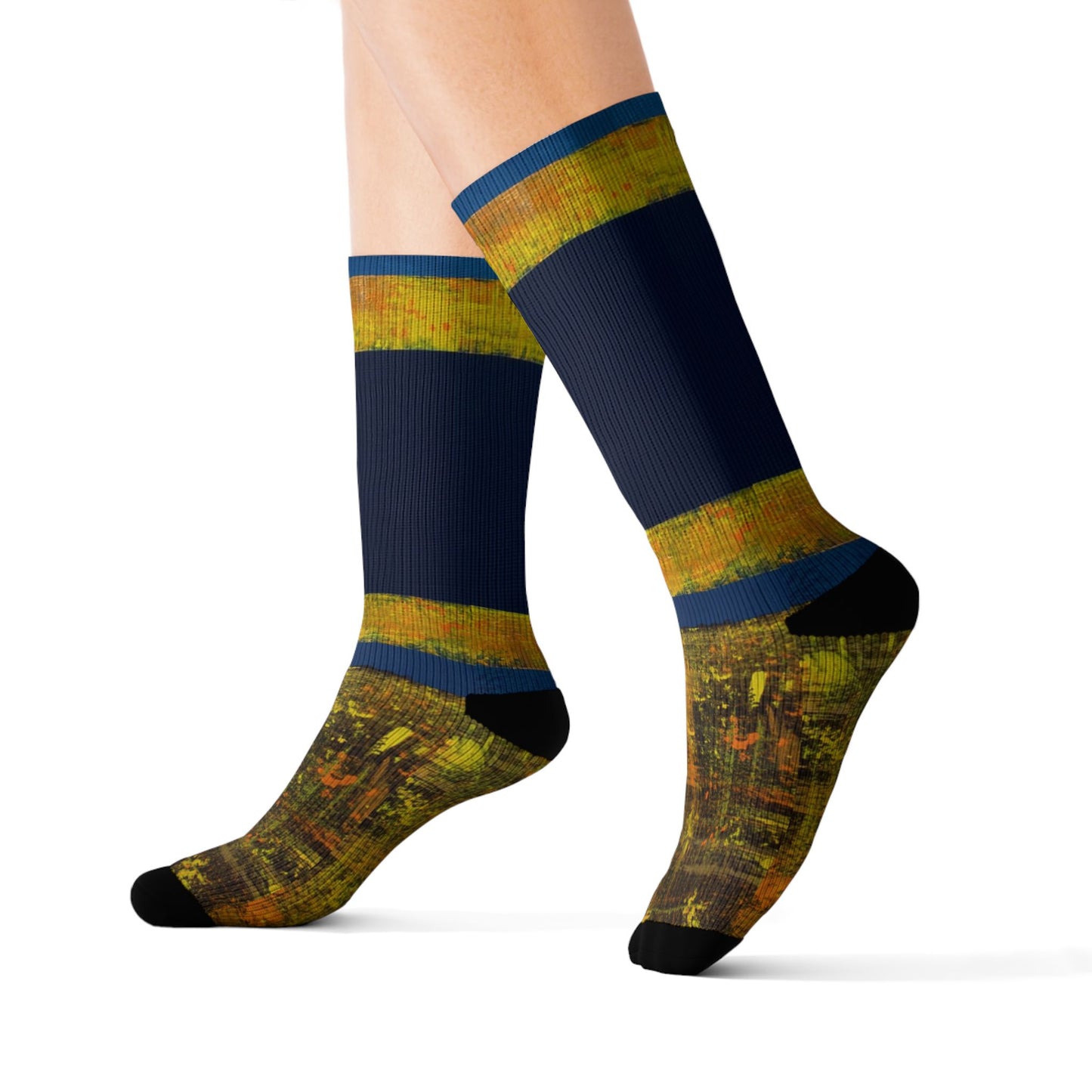Autumn Stripes Sublimation Socks — Blue & Gold Fall Pattern