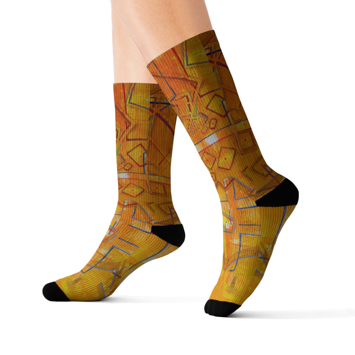 Abstract Yellow Geometric Sublimation Socks — Artful Patterned Crew Socks