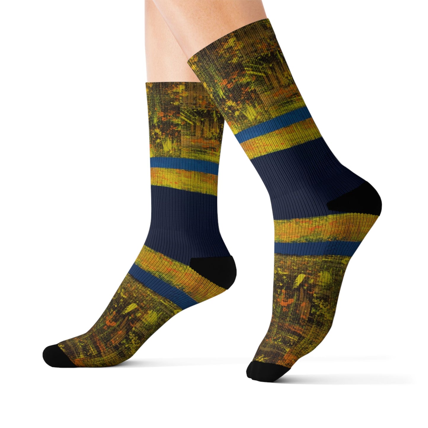 Autumn Stripes Sublimation Socks — Blue & Gold Fall Pattern