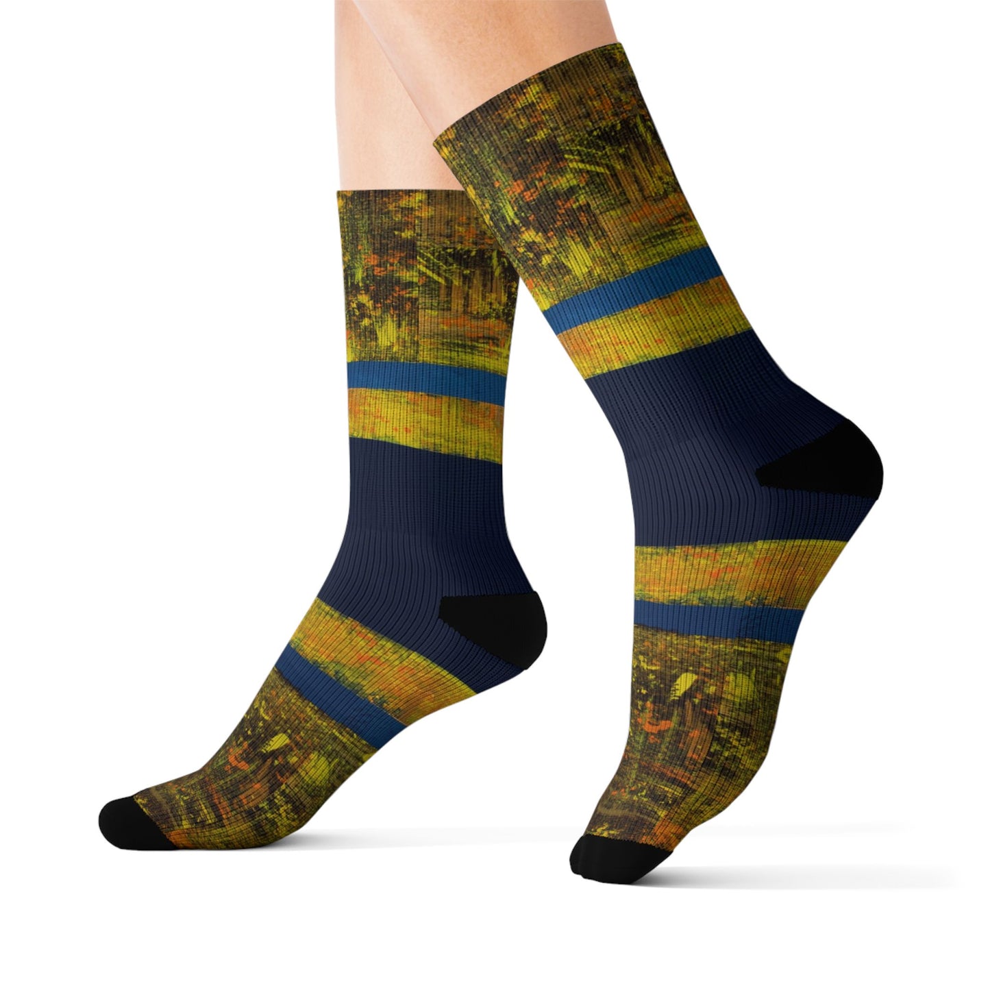 Autumn Stripes Sublimation Socks — Blue & Gold Fall Pattern