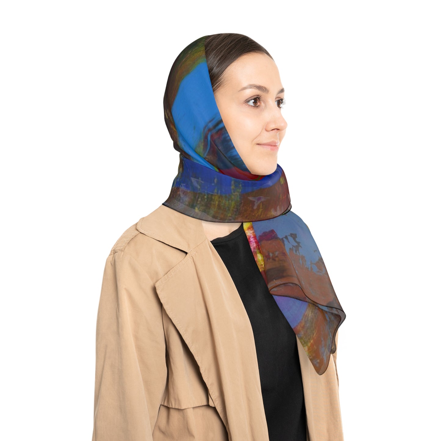 Vibrant Artistic Poly Scarf, Lightweight Summer Scarf, Colorful Wrap, Fashion Accessory, Gift Idea for Her